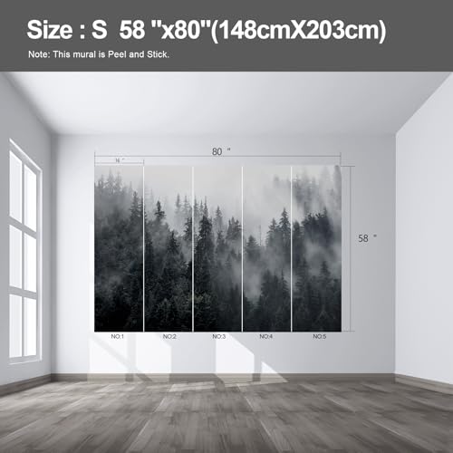 Misty Forest Landscape wall murals Woodland Tree Peel and Stick self Adhesive Wallpaper for Bedroom Living Room - 58"x80" - color: F03, size: 58"x80"