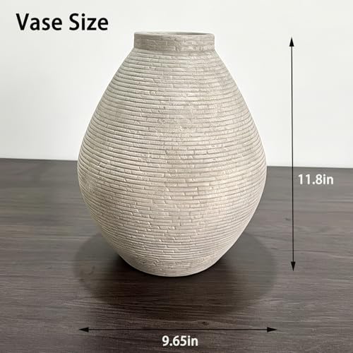 Rustic Ceramic Planter Pot, Terracotta Floor Vase with Textured Ribbed Design, Large Home Decor for Table Centerpiece, Farmhouse Style (Gray)