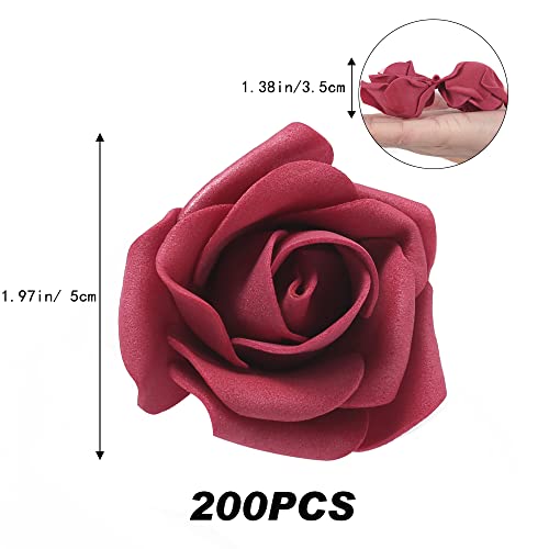 Artificial Stemless Rose Flower Heads, 200Pcs Burgundy Foam Roses Artificial Roses Flower Heads for Crafts 1.97in Stemless Roses for DIY Craft Wedding Bouquet Party Decoration(Burgundy) - color: Burgundy