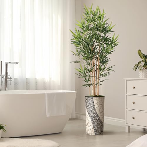 Artificial Tree in Geometric Pattern Planter, Fake Bamboo Silk TRE for Indoor and Outdoor Home Decoration - 70" Overall Tall (Plant Pot Plus Tree) - style: Bamboo