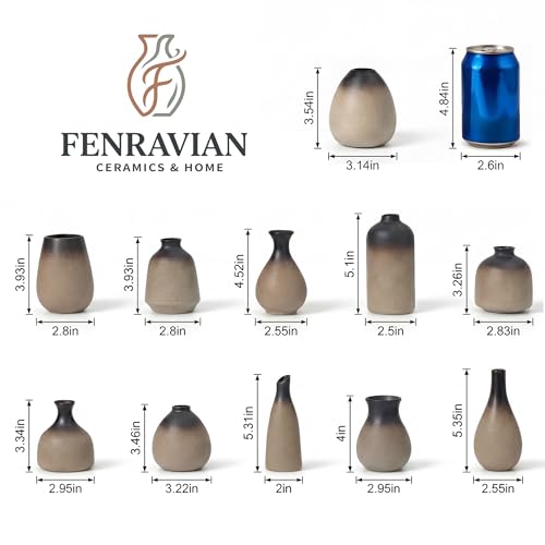 Ceramic Bud Vases, Rustic Small Vase Set of 11, Mini Pottery Vases for Flowers, Modern Farmhouse Home Decor, Clay Vases for Wedding Centerpiece, Shelf and Dinning Table Decoration - color: Vintage – 11-piece Set