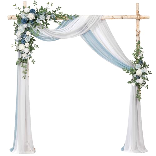 Ling's moment Artificial Wedding Arch Flowers with Drapes Kit-Pack of 5, 2pcs Flower Arrangements 3pcs Hanging Sheer Drapes Sage Ceremony Arbor Backdrop Rose Floral Decorations, Dusty Blue - color: Blu-dusty Blue