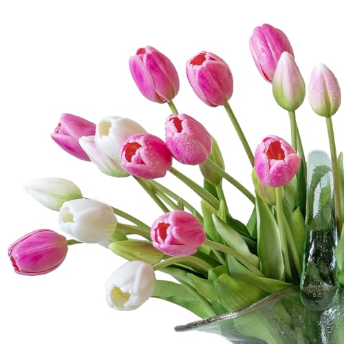 DUYONE 40Pcs Artificial Tulips Flowers, Soft Touch Realistic Latex Tulips Bouquet for Home Office Wedding Party Garden Decor, Fake Flowers for Dining Table Living Room Spring-B Peachblow Set - color: B Style-40pcs Peachblow Set(no Vase)