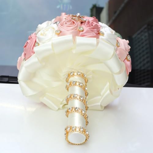 Blush Pink and Ivory Bridal Wedding Bouquet with Gold Brooch Bling Rhinestone Bouquet for Bride Bridesmaid Quinceanera Satin Dusty Rose Flower Bouquet Wedding Blush Pink and Ivory 8.7in - color: Blush, Pink & Ivory (Standard Size: Dia.8.7")