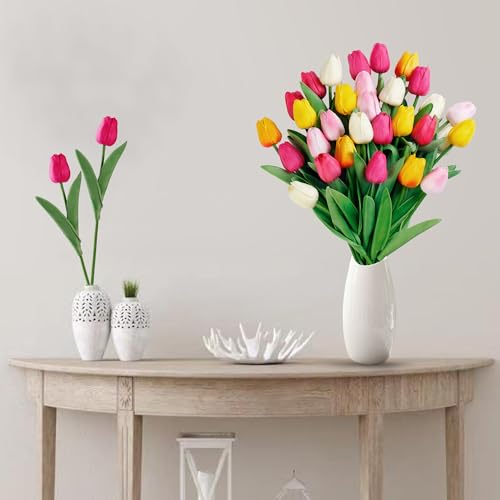 Sggvecsy 30 Pcs Fake Tulips Artificial Flowers Real Touch PU Faux Flowers Tulip Stems for Wedding Spring Bouquet Floral Arrangement Home Office Party Decorations for Mother's Day (Multi Colors) - color: Mixed 2, size: 30 Pcs