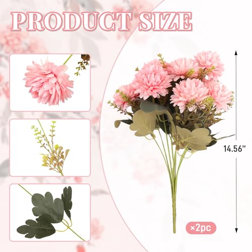 18 Heads Pink Artificial Chrysanthemum Flowers Fake Mums Pink Kiku Ball Flowers Bouquet Silk Chrysanthemums for Indoor Outdoor Table Centerpiece Vase Pots Wedding Decoration, 2 Pcs - color: Pink Chrysanthemum