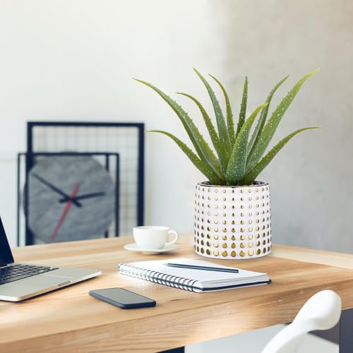 GnFlus Artificial Succulent Aloe Plants 14.2 Inch Large Faux Succulents with Ceramic Pot Fake Aloe Potted Plant for Home Indoor Bathroom Table Bedroom Shelf Office Decor - color: Gold-15"