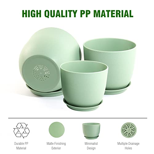 WSMKSZ Medium Plant Pots 10/9/8 inch, Flower Pots for Indoor Outdoor Plants, Set of 3 Modern Decorative Plastic Planters with Drainage Holes and Saucers for House Porch Garden Plants, Green - color: Green, size: 10"+9"+8"