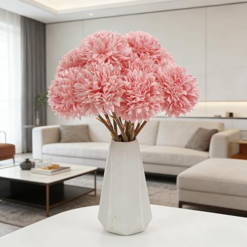 Tinsow 12 Pcs Faux Ball Chrysanthemum Bouquet Pink Artificial Ball Flowers Fake Sring Flowers for Home Garden Party Wedding Decoration (12, Pink) - color: Pink