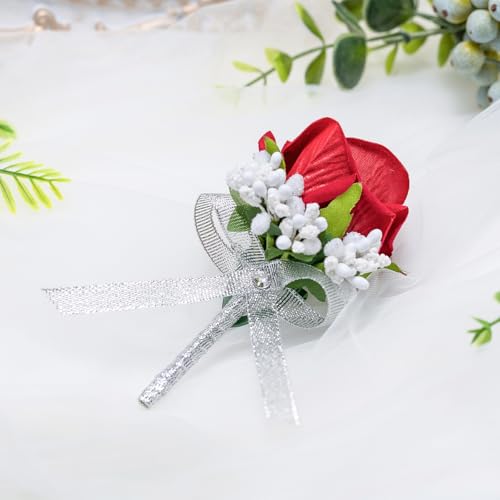 Red Rose Boutonniere for Men, Set of 2, Groom and Best Man Artificial Flowers Boutonnieres, for Wedding Ceremony Formal Dinner Prom Party - color: 2 Boutonnieres Red