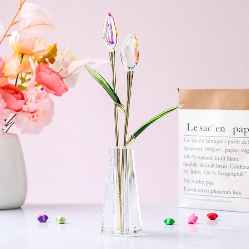 LONGWIN Crystal Tulips Flower Figurine Collectible with Vase Glass Spring Bouquet Flowers with Stem Home Decor Gift for Women Mom - color: Long - Ab Coated