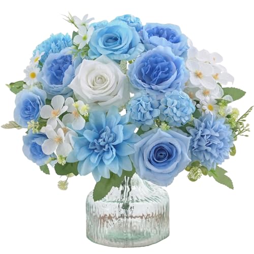 4 Pcs Mixed Artificial Flowers Set, Small Artificial Peony Bouquet Fake Rose Flower Silk Floral Arrangements for Table Centerpiece Home Wedding Party Bridal Decoration(Blue, 2 Bouquets & 2 Stems) - color: Blue & White, size: Mixed 4pcs