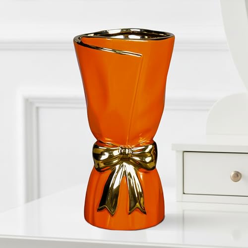 Orange Ceramic Vase for Flower, Modern Decorative Vase with Bow, Minimalist Tall Vases for Home Decor, Living Room, Console Table, Fireplace, Kitchen Decor 11 Inch - color: Orange, size: 11 inch