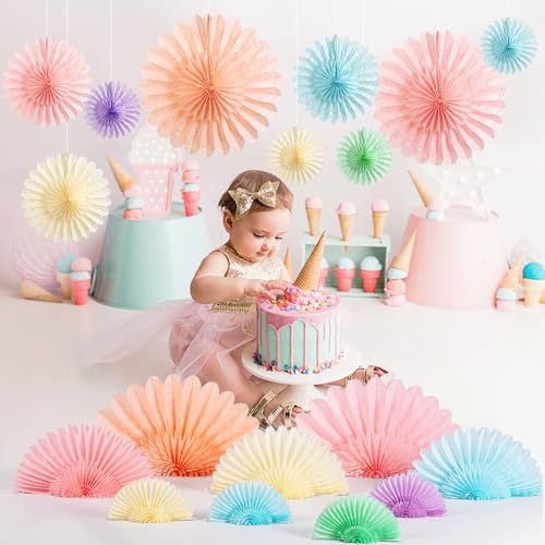 9PCS Huge Pastel Hanging Paper Fans Decoration Macaron Birthday Party Decorations Rainbow Ice Cream Easter Paper Hanging Decor for Bridal Baby Shower Classroom Home Decor - color: Pastel