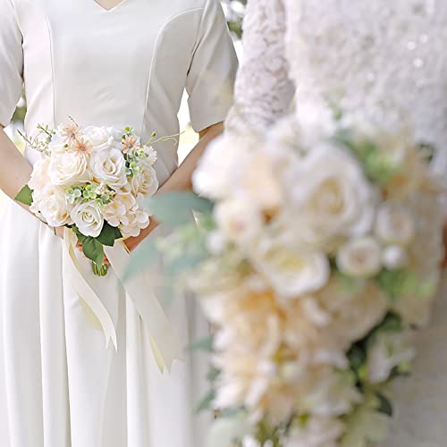 Ansofi Wedding Bouquets for Bride Bridesmaid Tossing Wedding Bouquet Beige White Rose Artificial Bridal Bouquet for Boho Rustic Wedding Ceremony Anniversary - color: Bridesmaid Bouquet