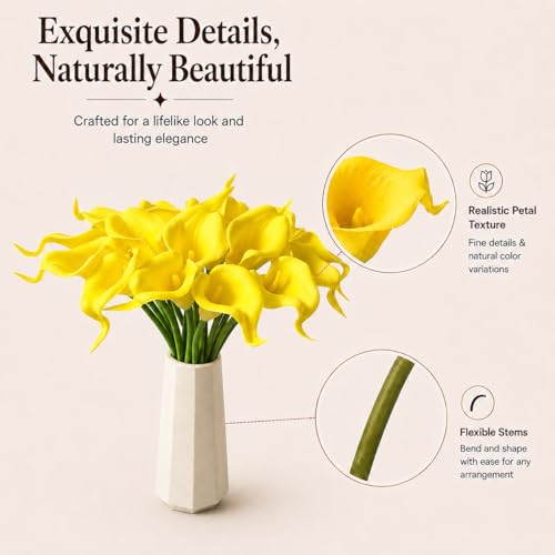 Mandy's 20pcs Pure Yellow Calla Lily Artificial Flowers | 13.5 Inch PU Realistic Bouquet for Vase Elegant Home Decor Centerpiece Wedding Bridal Bouquet Table Decoration - color: Pure Yellow