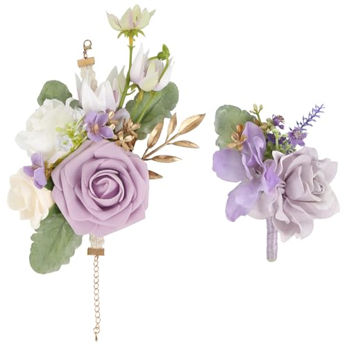 2Pcs Wedding Corsage and Boutonniere Set Purple Rose Corsage Wristlet and Boutonniere for Men Women Groom Bride Bridesmaid Groomsmen Wedding Party Accessory Prom Decoration (Purple) - color: Purple