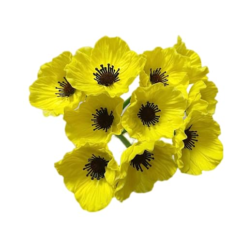 Rikyo 10 Stem 11inch Bouquets Artificial Flowers Poppy Flowers,Faux Anemone PU Fake Wild Flowers for Kitchen Table Centerpiece Vase,Home Wedding Holding Flowers Backdrop Arch Wall (Yellow) - color: Yellow