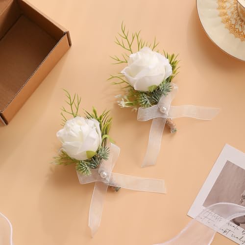 Garisey 2pcs White Rose Boutonniere for Men Artificial Rose Flower for Wedding Flowers Ceremony Prom Flower (2 Boutonniere) - color: 2 Boutonniere