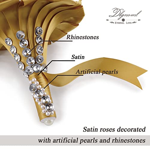 Handmade Wedding Flowers Bridal Bouquets Crystal Bride Holding Bouquet White Ivory Satin Roses with Diamond Pearl Ribbon.(Gold) - color: Lightgold