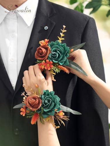 Serwalin 2 Pcs Boutonniere, 6-7 Inch Teal Orange Corsage for Wedding, Boutonniere for Men Groom and Best Man Prom Ceremony Anniversary Party Suit - color: Teal Orange, size: Boutonniere-2pcs
