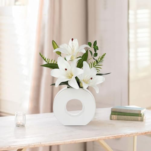 Artificial Flowers in Vase 13" Realistic Fake Lilies Flowers with 3 Heads Full Bloom Tiger Lily Floral Arrangement White Faux Flowers for Vase Table Centerpieces Home Wedding Bathroom Office Decor - color: White