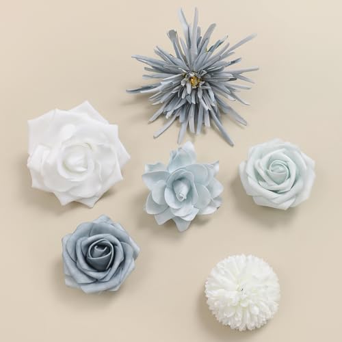 Blue White Artificial Flowers Silk Fake Roses Peonies Greenery Combo Box Set for DIY Wedding Bouquets Bridal Shower Centerpieces Floral Arrangements Party Tables Home Decoration - color: Gradient Blue White