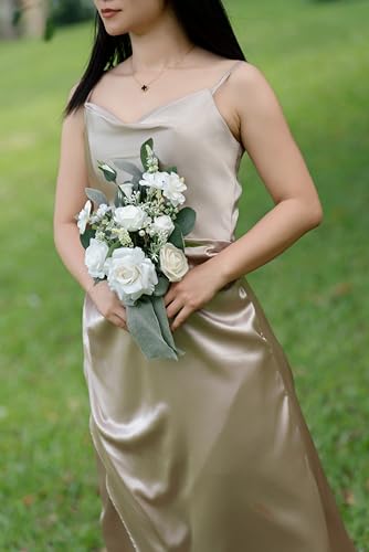 Set of 6 White Bridesmaid Bouquet, Sage Green Bridal Bouquets for Bridesmaids,Small Wedding Bouquet,for Wedding, Ceremony, Anniversary, etc,Artificial Flowers - color: White & Sage Green