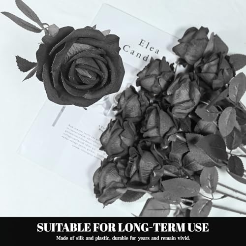10 PCS Artificial Roses with Long Stems Silk Flowers Realistic Foam Flowers Fake Roses for Valentine's Day Home Wedding Halloween Decor(All Black) - color: All Black