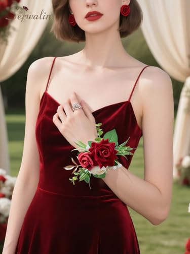 Serwalin Red Rose Corsage and Boutonniere Set, Boutonniere for Men and Wrist Corsage Wristlet Prom Homecoming Wedding Flowers Accessories Party Suit Decorations (red) - color: Red, size: 1 Boutonniere & 1 Wrist Corsage - 2pcs