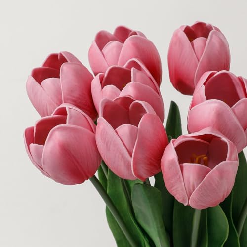 Pink Fake Tulips,18.5" PU Artificial Tulips Flowers for Spring Easter Home Kitchen Wedding Bouquet Bulk Mother's Gift Day Decorations - color: Pink