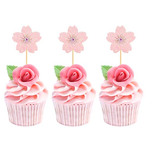 30Pcs Glitter Pink Cherry Cupcake Toppers Cherry Blossoms Pink Flowers Cupcake Picks for Spring Floral Baby Shower Bridal Shower Girls Floral Birthday Wedding Anniversary Party Decorations - color: Pink Cherry