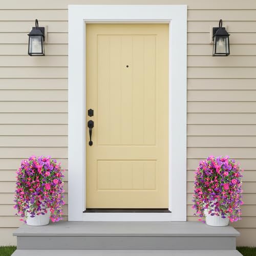 CEWOR 4pcs Artificial Hanging Plants for Outdoor, Fake Flowers Faux Silk Morning Glory with Eucalyptus, UV Resistant Realistic Faux Flower Greenery for Outside Indoor Home Porch Patio Decor, Purple - color: Purple Morning Glory
