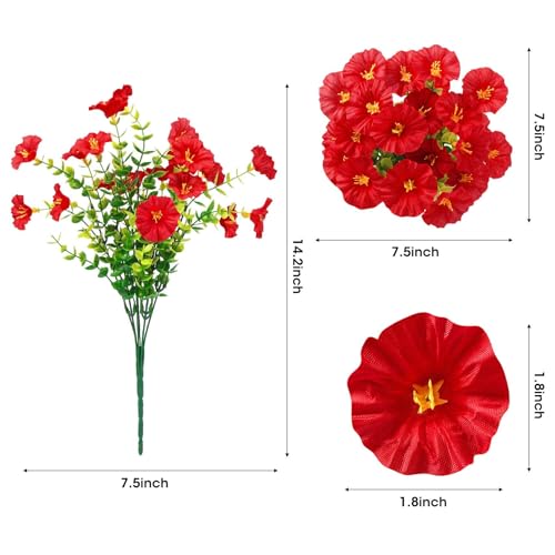 Ouddy Decor 24 Bundles Artificial Flowers for Outdoors Decoration Fake Silk Morning Glory Flowers Faux Eucalyptus Plants UV Resistant for Porch Patio Garden Spring Summer Home Decor, Red - color: Red