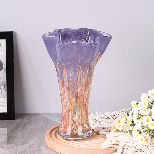 9.0" H Red Glass Vases for Flowers, Hand Blow Glass Vase Red Home Decor, Wide Mouth Blue Flower Vase Centerpieces, for Bookshelf,Dinner Table,Indoor Office Desktop,Meeting Room,Bathroom,Countertop - color: Pink Purple