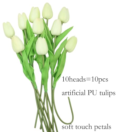 Artificial Flowers 10 Heads Mini Real Touch Artificial Tulip for Home Wedding Party Centerpiece Decoration (Light Champagne) - color: Light Champagne