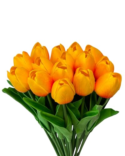 15 Heads Artificial Flowers PU Real Touch Tulip Bouquets Orange Tulips Faux Tulips Latex Fake Flower Bouquet for Spring Wedding Home Décor Centerpiece Arrangements - color: Orange