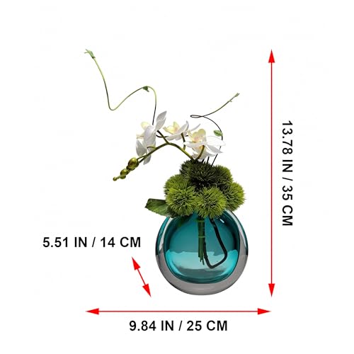 Artificial Orchids, White, in Translucent Bubble Glass Vase, Blue | Look Real, Realistic Appearance, Flower Arrangement - color: Blue