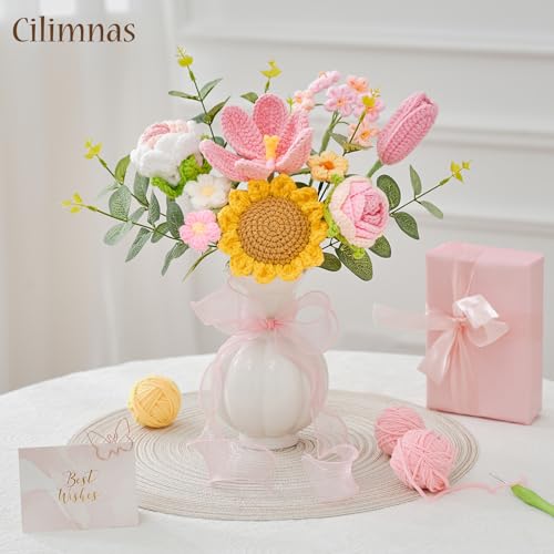 Crochet Flower Bouquet,Pink Knitted Flowers, Handmade Sunflowers Tulips Roses Bouquet for Birthday Anniversary Party Mother's Day Graduation Gifts - color: Pink