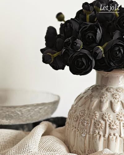 Letjolt Ranunculus Artificial Flower 18 Pcs Black Silk Ranunculus Wedding Bouquet Engagement Centerpieces Arrangements Bridal Shower Decorations Home Decor, Black - color: Black
