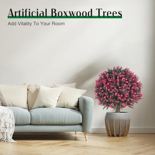 AOKIIE 24" Artificial Boxwood Topiary Bushes UV Resistant for Outdoor 2PCS | Artificial Shrubs with Ground Spike, Rose Faux Outdoor Plants for Indoor & Outdoor Garden, Yard, Porch, Patio - color: Rose