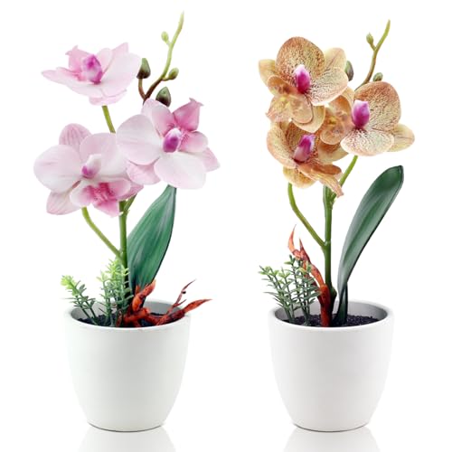2Pcs Artificial Orchid Fake Flowers Faux Phalaenopsis Ceramic Vase Small Potted Plant for Home Office Desk Bathroom Wedding Decor(Pink & Brown) - color: Pink & Brown
