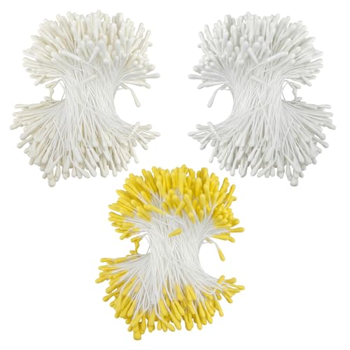 1200 Pcs Flower Stamens, 2mm Double Heads Artificial Pearlized Flower Stamens, Hand-Made Matt Floral Stamen for Crafts DIY Christmas Wedding Scrapbook Decoration (Cream White, White, Gold) - color: Cream White,white, Gold