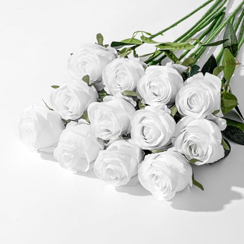 12Pcs Realistic Fake Roses Faux Flowers with Long Stems, Artificial Silk Rose Flowers for Valentines Day Home Wedding Decor Bridal Bouquet (White) - color: White