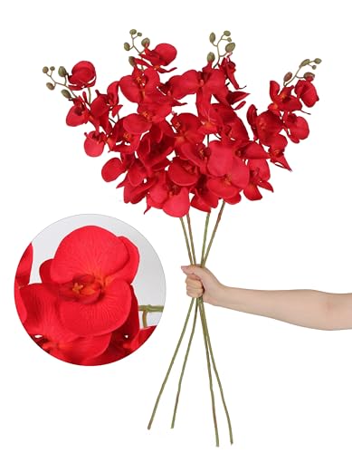 38 Inch 6 PCS Red Orchids Artificial Flowers Fake Orchids Velvet Silk Orchids Faux Orchid Flowers Long Stem Artificial Flowers for Tall Vase for Home Wedding Decoration(Red) - color: Red