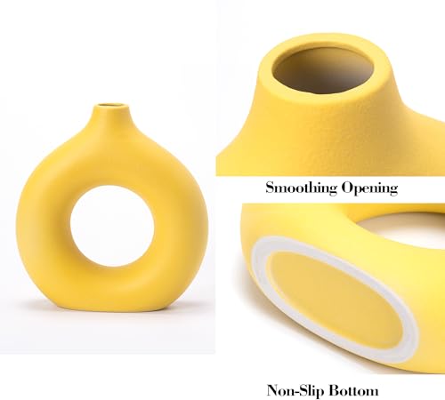 Ceramic Vase Set of 2 Home Decor Modern Farmhouse Style Living Room Ornament Dining Table Room Pottery Yellow Small Donut Vases for Dried Flowers - color: Vt11 Yellow