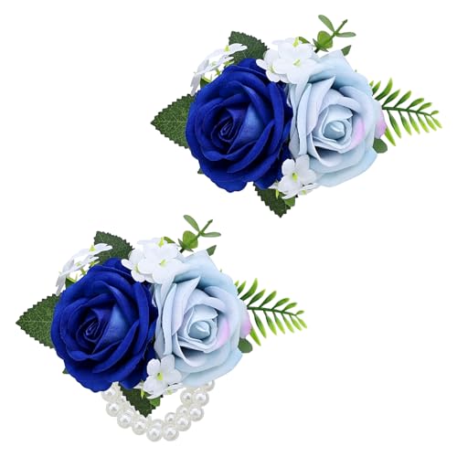 2Pcs Light Blue & Blue Rose Wrist Corsage Wristlet Band and Boutonniere Set, for Wedding Bride Bridesmaids Men Groom Groomsmen Artificial Flowers Accessories Prom Party Suit Decor - color: Light Blue & Blue