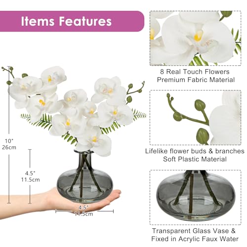 White Orchids Artificial Flowers with Vase, Small Faux Orchid Arrangement Fake Flower in Woven Glass Vase Black and White Decor Small White Centerpieces for Kitchen Dining Room Tables Bathroom Decor - color: White Orchid /Large Black Vase