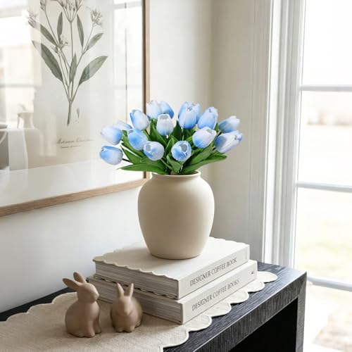 Beferr 18pcs Tulips Artificial Flowers Faux Tulip Real Touch Tulip Fake Flowers Bouquets Arrangements for Mothers Day Spring Easter Wedding Home Table Decor Blue - color: E-18pcs-3colors-mix Blue, size: 18PCS