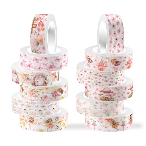 12 Rolls Fairy Washi Tape Set, Fairy Mushroom Butterfly Floral Decorative Tape, Pink Watercolor Masking Tapes for Scrapbooking Journaling Party Supplies, DIY Art Crafts, Gift Wrapping 16.4FT - color: P